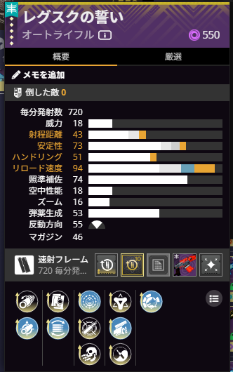 Destiny2
新実装武器 AR：レグスクの誓い
個人的なおすすめパーク構成（VE用）（1/2）

１列目：矢の抑制でなくても良いと思う
　　　　安定性と射程UPで小口径
２列目：フレアマグウェル
３列目：不安定化弾
４列目：トライコーン or スワッシュバックラー
MW：リロード