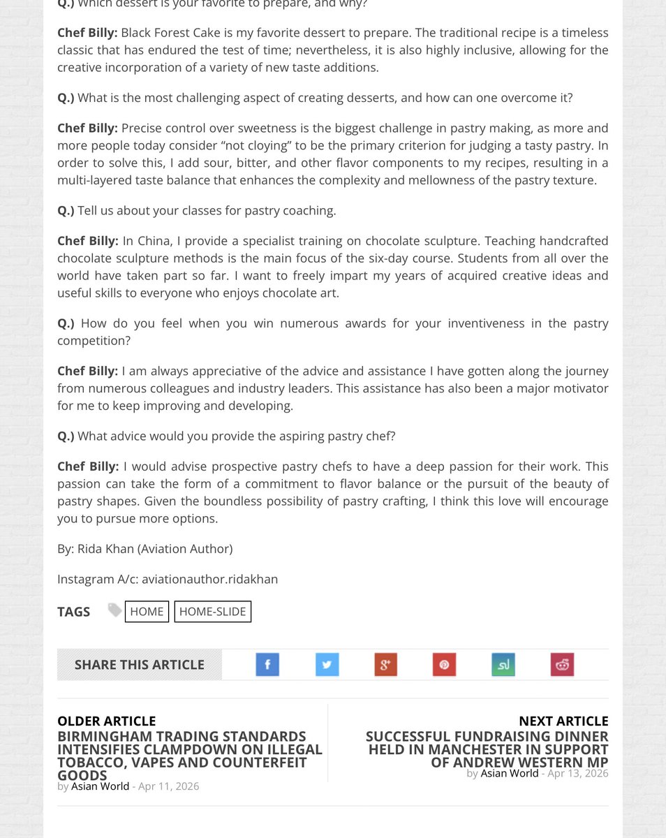 mohd_ridakhan's tweet image. My food article: An interview with a Chocolate Artist Chef Billy from China for @AsianWorldNews Newspaper Birmingham UK. Please read his full interview on the newspaper website.
#food #chef #cheflife #aviationauthor #foodie