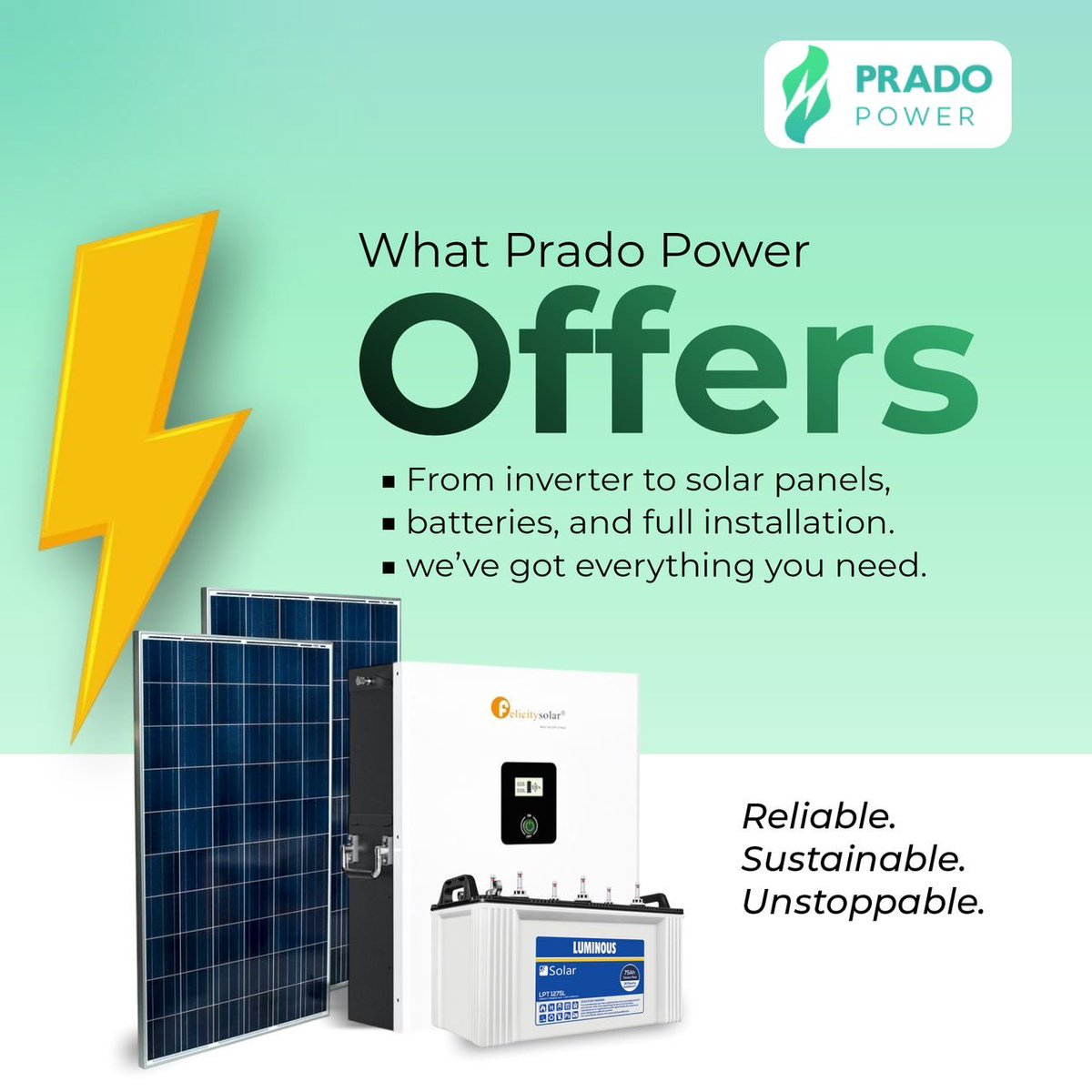 Prado_Power's tweet image. At Prado Power, we offer complete solar solutions, from inverters and panels to batteries and full installation, so you never have to worry about darkness again.
Reliable. Sustainable
That’s the energy we bring to your home and business

#pradopower #renewableenergy #solarpanels