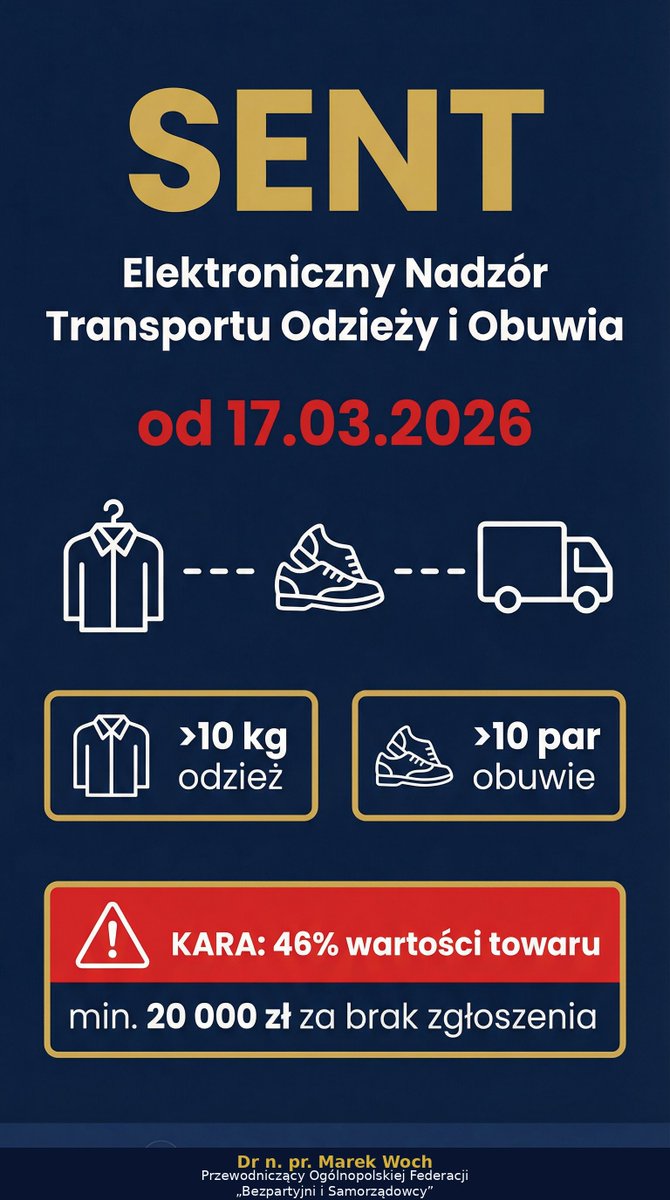 MarekWoch2's tweet image. 🚨 UWAGA dla branży odzieżowej, obuwniczej i transportowej! 

Szanowni 🤔🧐#deregulacja @donaldtusk @Domanski_Andrz 

Od 17 marca 2026 r. przewóz odzieży i obuwia objęty jest systemem #SENT (Elektroniczny Nadzór Transportu).

📦 Kiedy musisz zgłosić transport?
👕 Odzież —