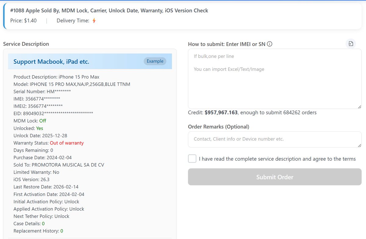 🔥🔥🔥Apple Sold By, MDM Lock, Carrier, Unlock Date, Warranty, iOS Version, Case Check  2026.4.16

Reseller Price lower

unlock.imeischeck.com/main/submit-or…

Whatsapp: +8613316880304

Unlock &amp; Check news: t.me/unlockimeische…