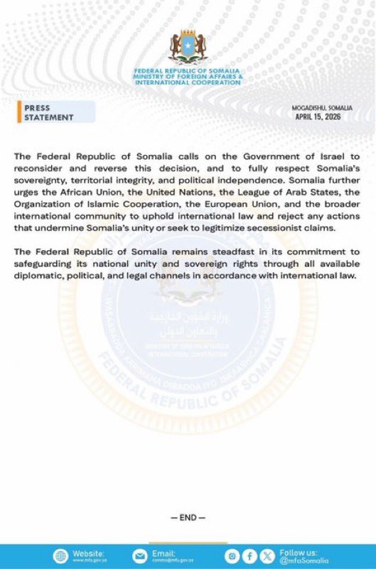 sntvnews1's tweet image. The Federal Republic of #Somalia expresses its firm condemnation of the recent announcement by the #Israeli Ministry of Foreign Affairs regarding the appointment of a diplomatic representative to the northern region of Somalia, #Somaliland.