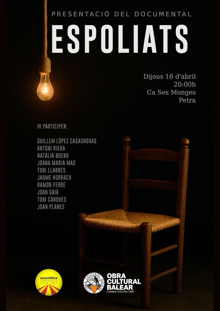 AssembSmallorcA's tweet photo. ‼️Projecció del documental #ESPOLIATS avui a Petra!
#madridensroba 6.332M€* anuals via hisenda que se'n van i no tornen (*2024) #INDEPENDÈNCIA! https://t.co/2OvpkiV8G4