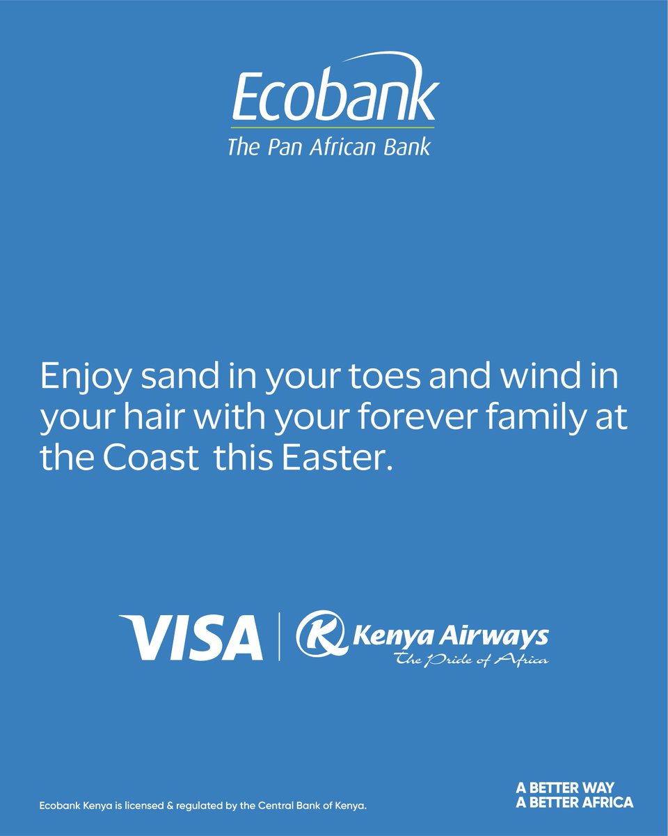 EcobankKenya's tweet image. From screen time to sand on your toes. 

Turn your travel dreams into real moments with Ecobank Visa and Kenya Airways.
Enjoy up to 5% off your flight with code VISAKQ and take a step closer to where you want to be.

Tap. Book. Fly.

#Ecobank40 #TembeaKenya #ABetterWay