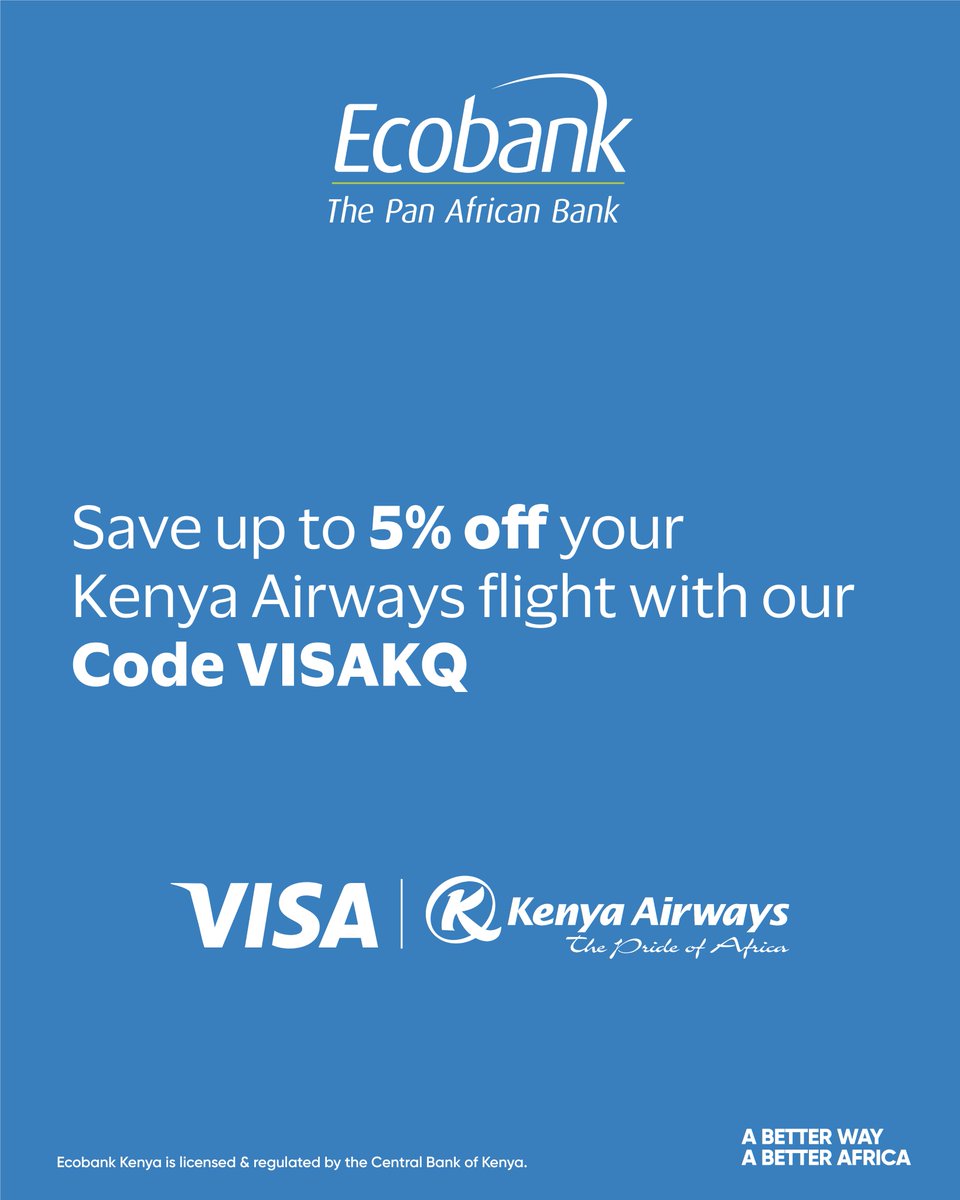 EcobankKenya's tweet image. From screen time to sand on your toes. 

Turn your travel dreams into real moments with Ecobank Visa and Kenya Airways.
Enjoy up to 5% off your flight with code VISAKQ and take a step closer to where you want to be.

Tap. Book. Fly.

#Ecobank40 #TembeaKenya #ABetterWay