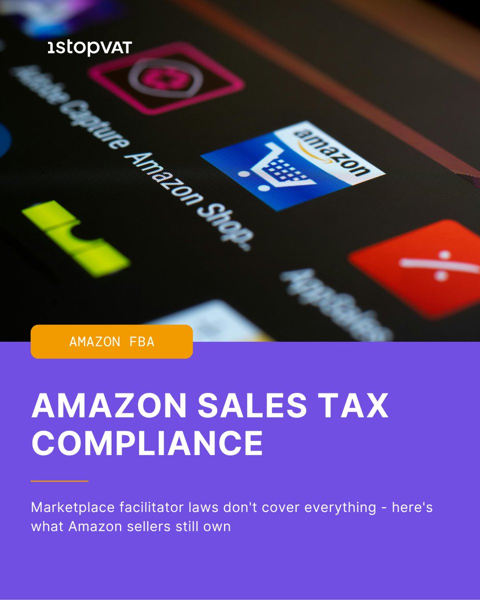 1stopvat's tweet photo. Amazon collects sales tax in most US states.

That doesn't mean sellers are off the hook.

Threshold notices, reporting obligations, nexus rules, international VAT - the compliance responsibility that falls on the seller is bigger than most realise. And Amazon won't warn you when something needs your attention.

Miss it and the consequences are real - penalties, filing backlogs, or account suspension.

🔗https://t.co/hAomwMNPes

#AmazonFBA #SalesTax #Ecommerce #USSalesTax