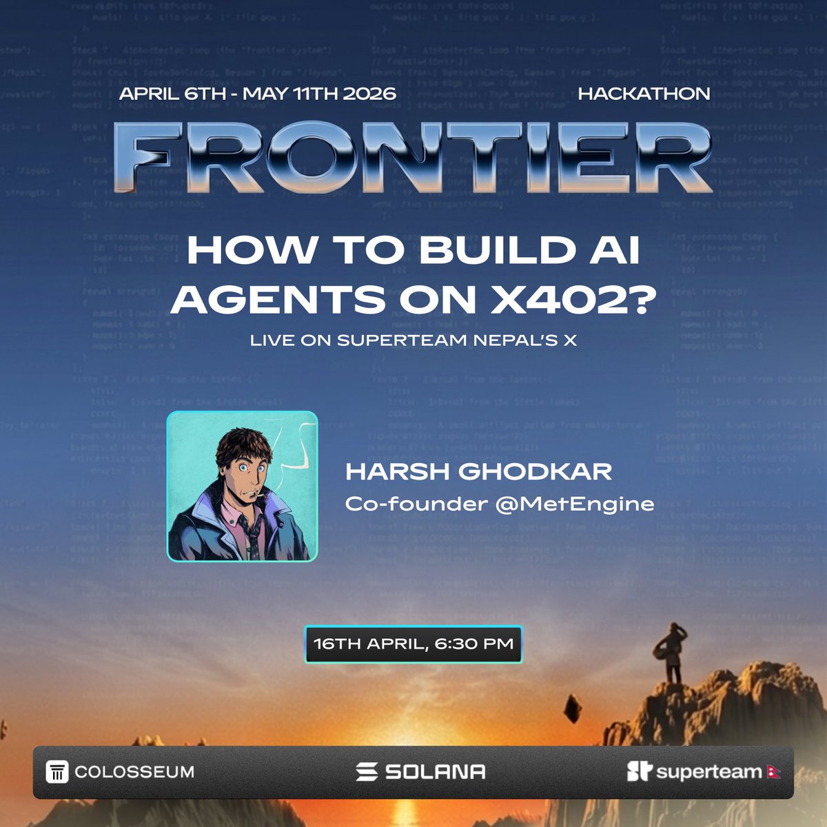 AI agents are one of the most trending ideas to build for the Frontier Hackathon.

That's why we're bringing <a href="/0xharsh1001/">Harsh Ghodkar</a> for a live workshop on AI agents and x402.

> x402 and building AI agents 
> How do AI agents actually work 
> Some winning ideas to build 
> Harsh's insights
