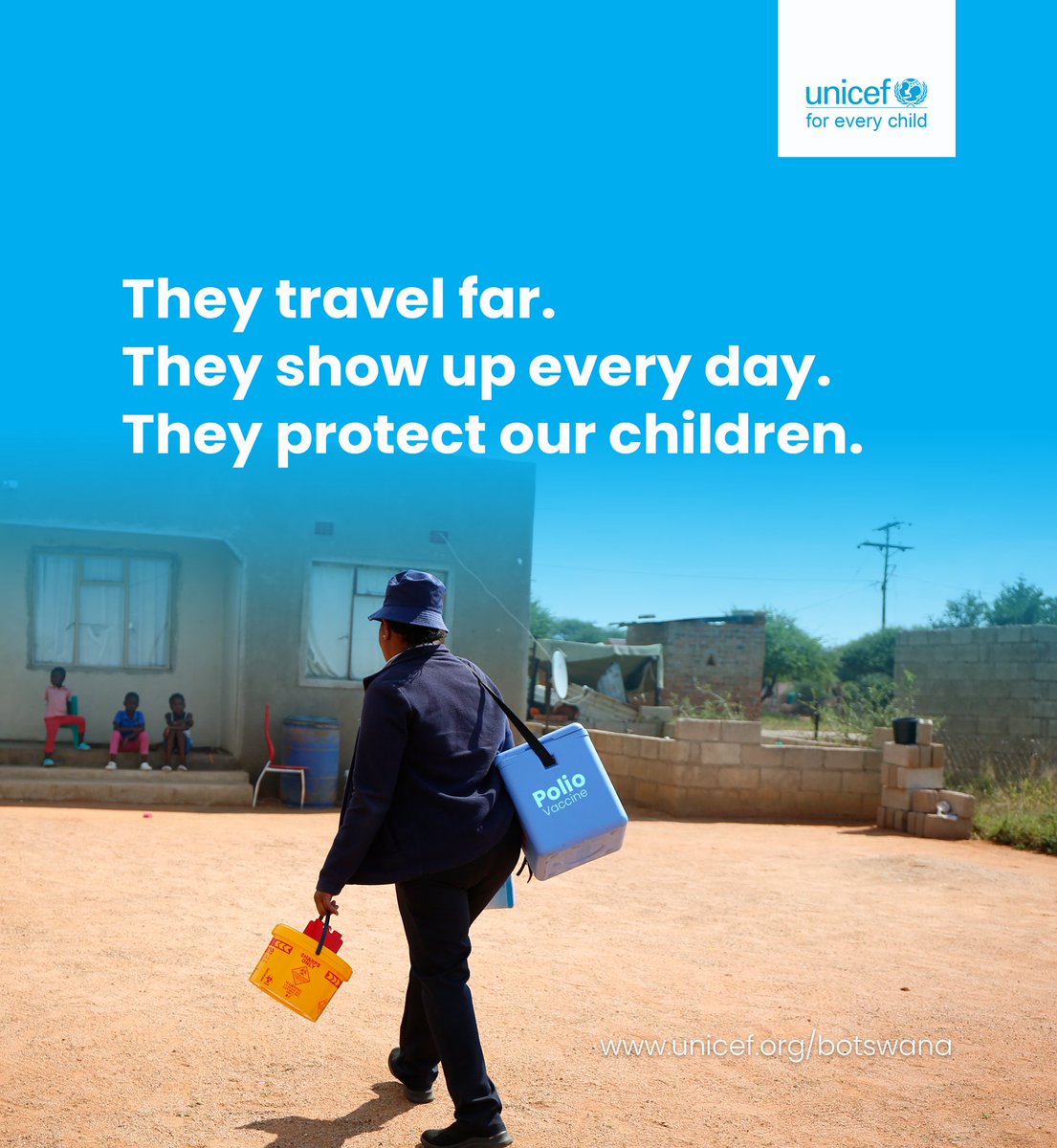 UNICEFBotswana's tweet photo. They travel far.
They show up every day.
They protect our children.
Health workers are the heartbeat of #Botswana’s health system.
Celebrate. Support. Strengthen.
#HealthWorkersWeek #BotswanaCares #LastMileHeroes #VaccinesSaveLives #UNICEF https://t.co/rmo1ZHi7Vc
