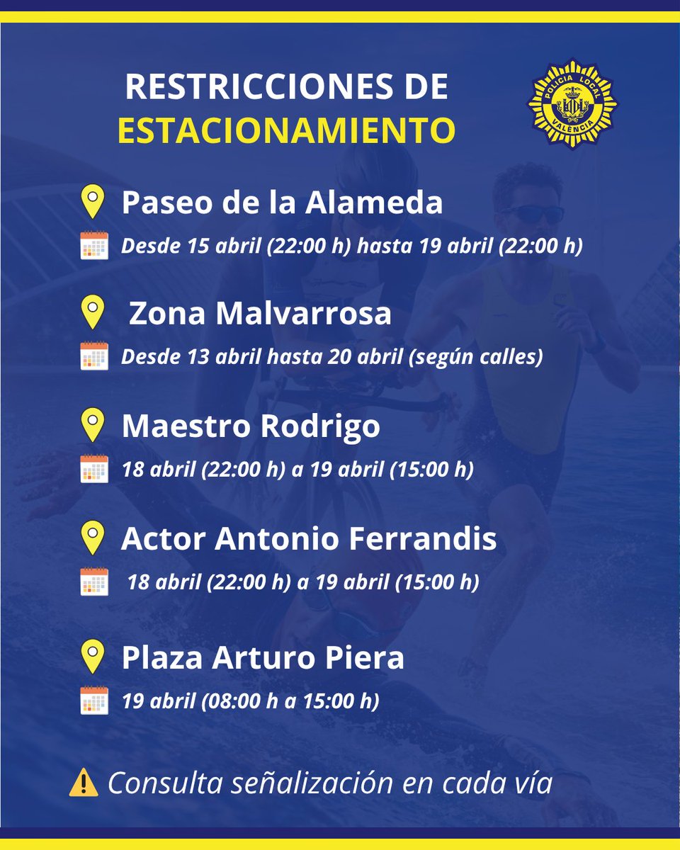 policialocalvlc's tweet image. 🏊‍♂️🚴‍♂️🏃‍♂️ IRONMAN 70.3 VALENCIA 2026
 📅 Domingo 19 ·
⚠️Atención a las restricciones de estacionamiento
⛔ Cortes de tráfico durante la mañana
👮‍♂️ #PLV velará por la seguridad
➡️ Planifica tus desplazamientos y sigue indicaciones
#IronMan #Triatlón #SeguridadVial