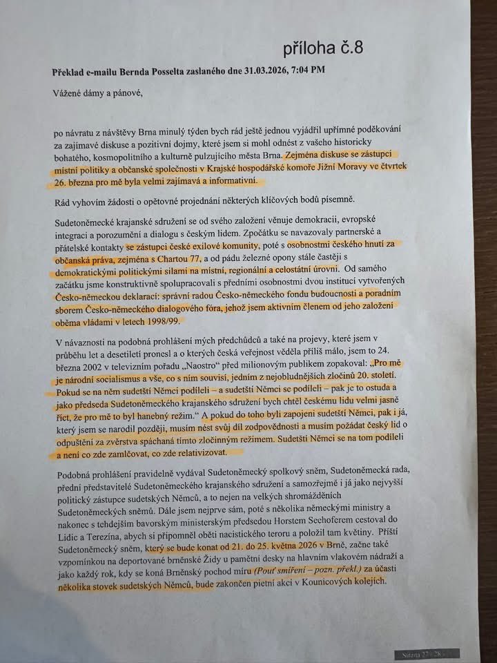 gisat's tweet photo. Bernd Posselt ve svém e-mailu opět ukázal, že je demokratem. 

Naprosto jasně a bez vytáček se omlouvá za zločiny nacismu a prosí český národ o odpuštění za to, že se na nacistických zvěrstvech podíleli sudetští Němci.

Sudetoněmecký sněm v Brně (21.–25. května 2026) nebude žádná provokace, jak někteří tvrdí. 

Naopak! Začne vzpomínkou na deportované brněnské Židy a Pouť smíření bude zakončena u Kounicových kolejí (místo nacistického teroru). To je obrovské gesto úcty k našim obětem. 

A oblíbený strašák – Benešovy dekrety? Dopis ukazuje, že je vnímají jako morální, nikoliv právní otázku. 

Připomínají jen, že to odnesli i nevinní německy mluvící antifašisté. Ale hlavně: NENÍ to středobodem jejich práce ani sjezdu. Nechtějí majetky, chtějí dialog. 🤝

Pro ty, co se bojí, že to budeme platit my: Posselt jasně garantuje, že na projekt nepadnou ŽÁDNÉ peníze českých daňových poplatníků. 

💰 Celé to dotuje bavorská vláda (850 000 EUR) a navíc to přináší nové byznys kontakty mezi Brnem a bavorskými podniky. 

Motto sněmu „Celý život je setkání“ mluví za vše. Je na čase hodit staré křivdy za hlavu a budovat společnou evropskou budoucnost bez nacionalismu a nenávisti.

Sjezd v Brně je skvělá příležitost ukázat, že jsme se z historie poučili. Já jsem rozhodně pro! 🇪🇺❤️