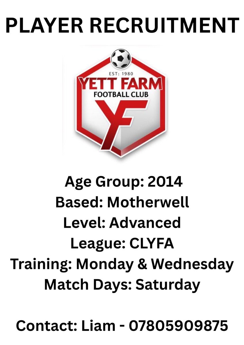 2014Yett's tweet photo. ⚽️⚽️ We are currently recruiting for our advanced squad in preparation for 11 a side football. Please get in touch with Liam if you are interested ⚽️⚽️ https://t.co/jV6wS9ySKb