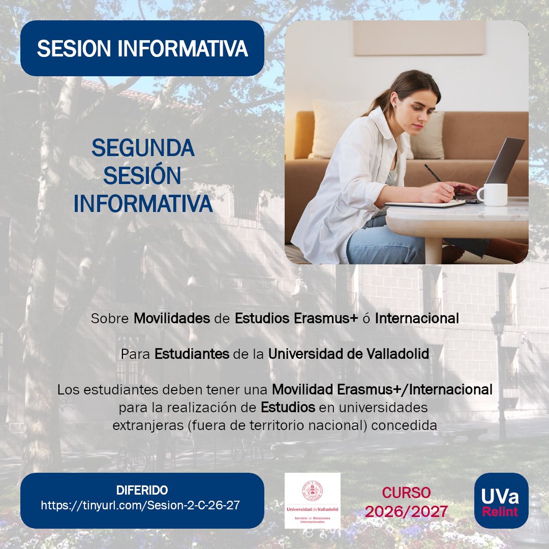 relintUVa's tweet image. Si te perdiste la Segunda Sesión Informativa de la Universidad de Valladolid para Movilidades #ErasmusPlus del SEPIE en el Curso 26/27 aún puedes verla en diferido

¡INDISPENSABLE VERLA!

🔗 tinyurl.com/Sesion-1-C-26-…