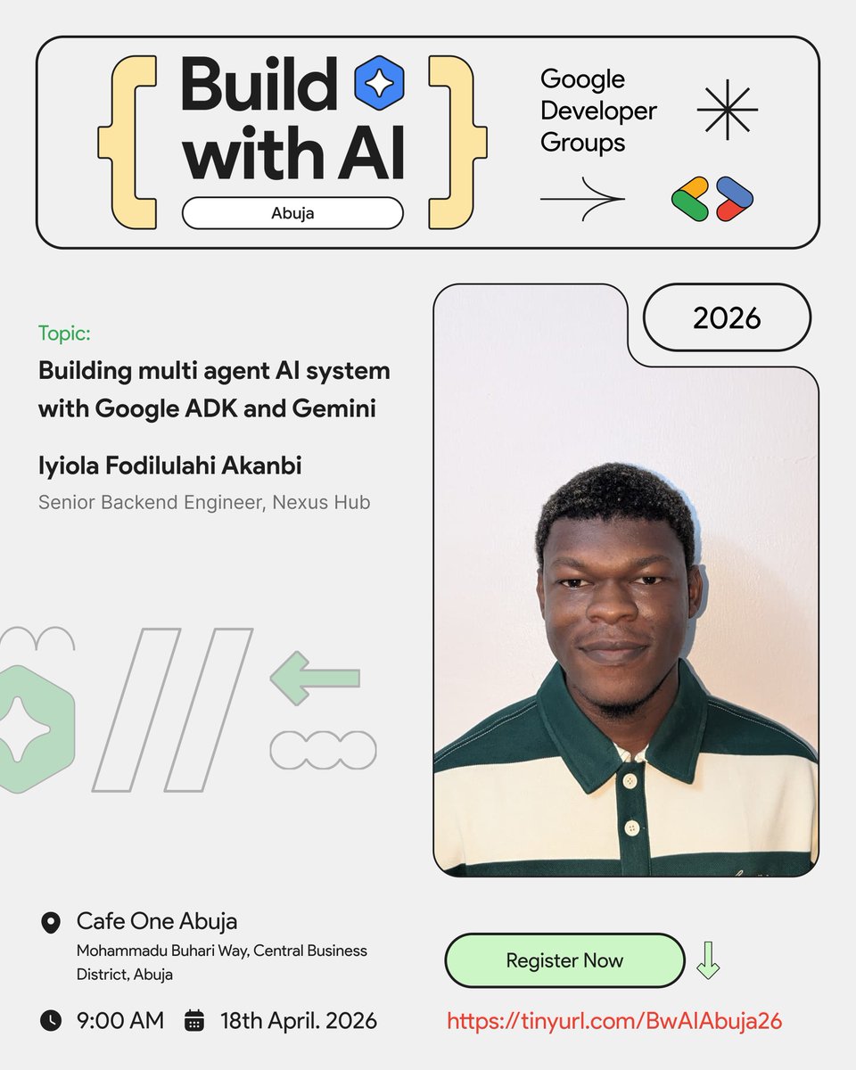 gdgabuja's tweet photo. What happens when AI agents start working together? 🤯

At Build with AI Abuja,
Iyiola Fodilulahi Akanbi will break down how to build multi-agent AI systems using Google ADK &amp; Gemini.

📍 Cafe One Abuja

Register: https://t.co/PcKKJafhGv⁠
#buildwithaiabuja #gdgabuja https://t.co/BLFqUoEJJM