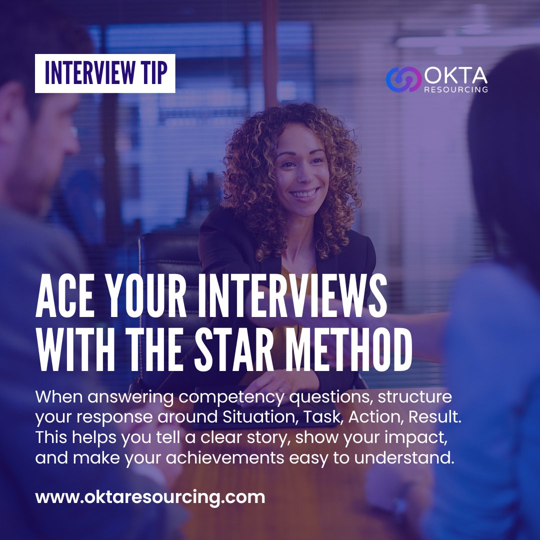 oktaresourcing's tweet photo. Competency questions can be tricky, but the STAR method makes them simple.
By structuring your answers around Situation, Task, Action, Result, you can tell a clear, impactful story that shows your skills and achievements.

#InterviewTips #JobTips #STARMethod #CareerAdvice https://t.co/pGxnmOCsat