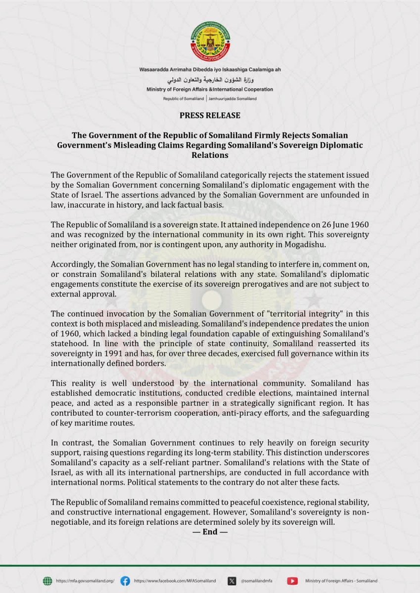 MMSomalitv's tweet image. The Government of the Republic of #Somaliland Firmly Rejects #Somalia 
Government's Misleading Claims Regarding Somaliland's Sovereign Diplomatic Relations.