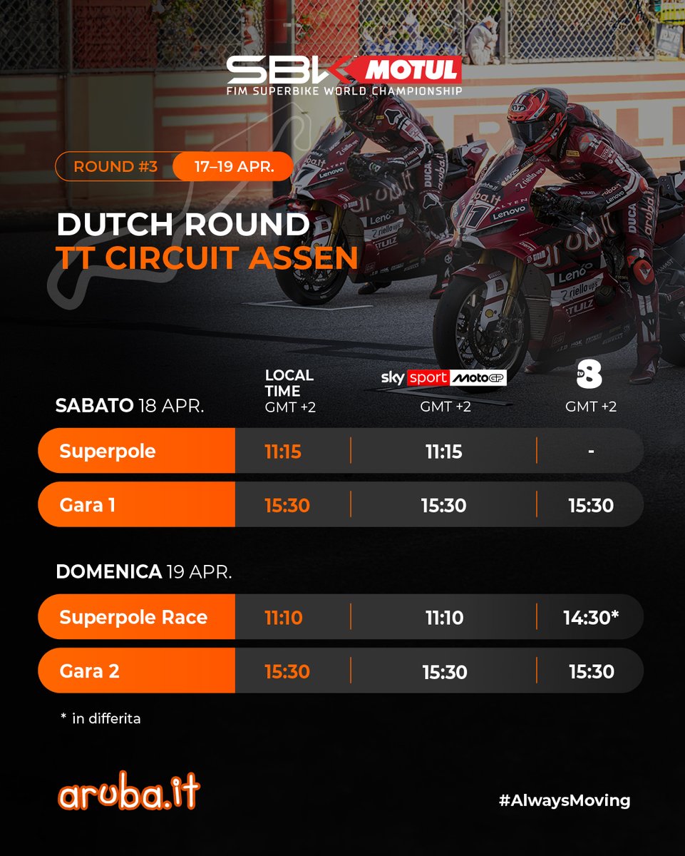 Arubait's tweet photo. Il Campionato del Mondo Superbike torna in pista sul TT Circuit di Assen (Olanda) per il terzo round della stagione 2026 con il team https://t.co/qd7CYUFTyV Racing – Ducati reduce dal trionfale weekend di Portimao.
Scopri di più su https://t.co/0AJbJc8H8S
#ArubaIT #AlwaysMoving https://t.co/CIkSSXfUwh