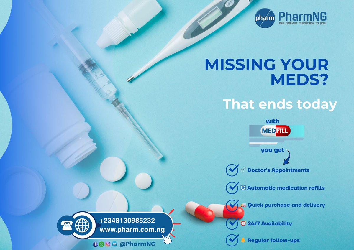 PharmNG's tweet photo. 🚨 Don’t wait till it’s too late!

With MEDFILL, you stay ahead—no stress, no missed doses, no last-minute panic. 💊
From reminders to doorstep delivery, we’ve got your health covered 24/7.

#PharmNG #MedFill #HealthcareMadeEasy #MedicationReminder #StayHealthy https://t.co/HCNJblJVM2