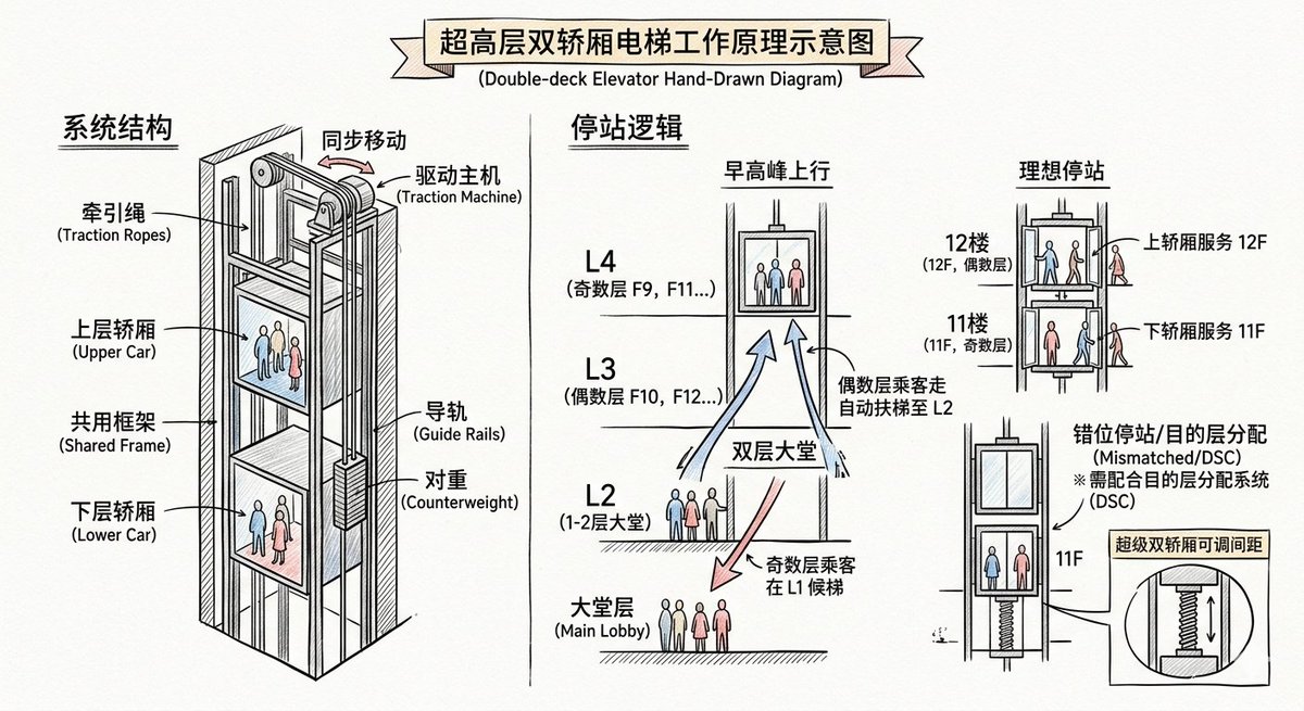 来聊聊超高层建筑（如上海中心、杜拜哈利法塔、平安国际金融中心等）中的双轿厢电梯工作原理。

1、什么是双轿厢电梯？
超高层建筑为了在有限的电梯井道空间内提升输送效率，通常会采用双轿厢电梯（Double-deck