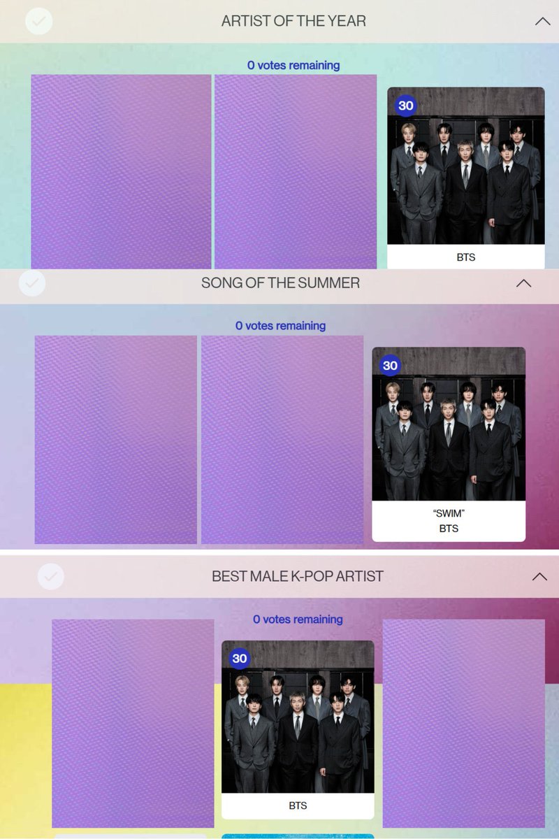 ARMYs 🗣️🗣️🗣️
⏰IT’S  #AMAs VOTING RESET TIME
LET’S CAST OUR VOTES FOR BTS! 

Go to → vote.theamas.com 
✅Vote BTS (AOTY) → submit 30 votes
✅Vote “SWIM” (SOTS) → submit 30 votes
✅Vote BTS (Best Male K-Pop) → submit 30 votes

LET’S SECURE EVERY AWARD FOR BTS 🏆💜