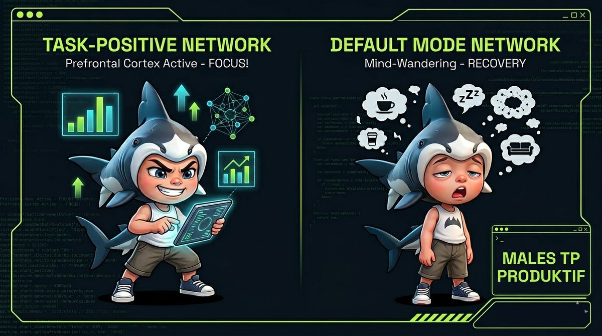 Kenapa lu bisa super produktif di hari tertentu, tapi besoknya males total..??

Bukan cuma “mood” atau “kurang motivasi”, tp
Ini neuroscience beneran

Otak punya 2 mode utama:
• Task-positive network (otak “ON”) → prefrontal cortex lagi aktif maksimal
Di mode ini lu gampang