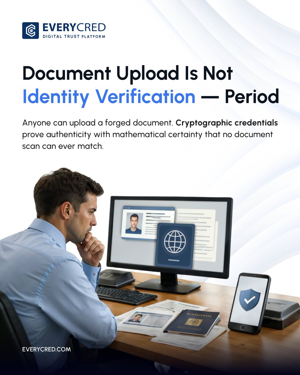 EVERYCRED's tweet image. Document upload ≠ identity verification.

Scans can be forged.
Cryptographic credentials prove authenticity instantly.
It’s time to upgrade with EveryCRED.

#CyberSecurity #DigitalIdentity #Verification #Trust #VerifiableCredentials