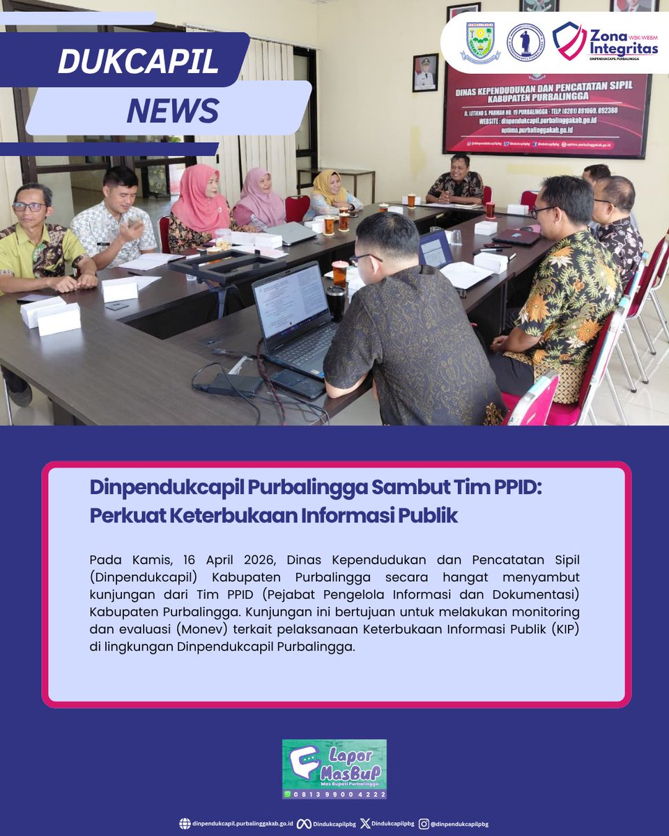DindukcapilPbg's tweet image. 📸 Dinpendukcapil Purbalingga bersama Tim PPID Kabupaten Purbalingga untuk Monev Keterbukaan Informasi Publik! 💡

Informasi selengkapnya: dinpendukcapil.purbalinggakab.go.id/article/dinpen…

#Dukcapil #DukcapilJateng #DukcapilPurbalingga #PemkabPurbalingga #Purbalingga