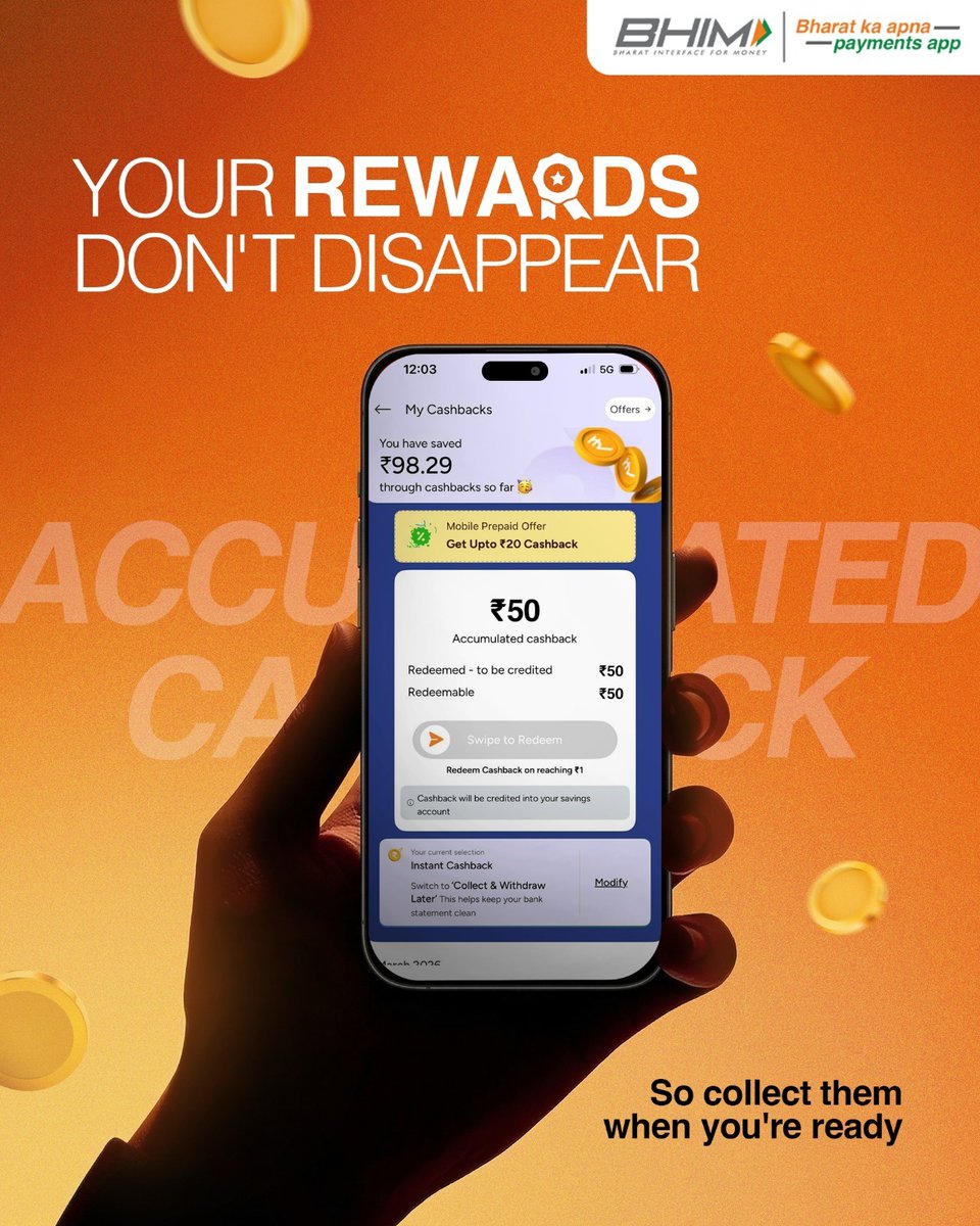 NPCI_BHIM's tweet image. Most people pay, move on, and forget but we’ve been keeping track of every transaction, every reward, quietly adding up everything 😌

Open the BHIM App, tap on “Know Your Cashback” &amp;amp; you might just surprise yourself!

#BHIMPaymentsApp #AccumulatedCashback #SeamlessPayments
