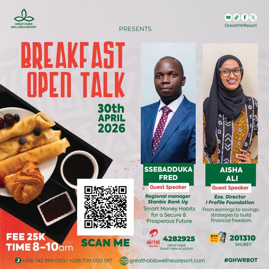 SMbatude10574's tweet image. Breakfast + money talk? Say less ☕💸
Join us for the Breakfast Open Talk on 30th April 2026, 8–10am. Learn smart money habits &amp;amp; financial freedom strategies from top speakers.
Fee: 25K | Scan to register
#GHWRBOT #KampalaEvents #FinancialFreedom #MoneyTalk #Uganda #SoftLife