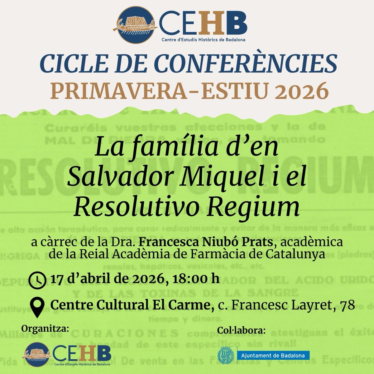 Bon dia! Recordeu que demà a la tarda tenim cita a El Carme, amb la segona conferència del cicle, sobre la família de Salvador Miquel i el Resolutivo Regium, un producte destinat al tractament de pedres al ronyó, fabricat a #Badalona.