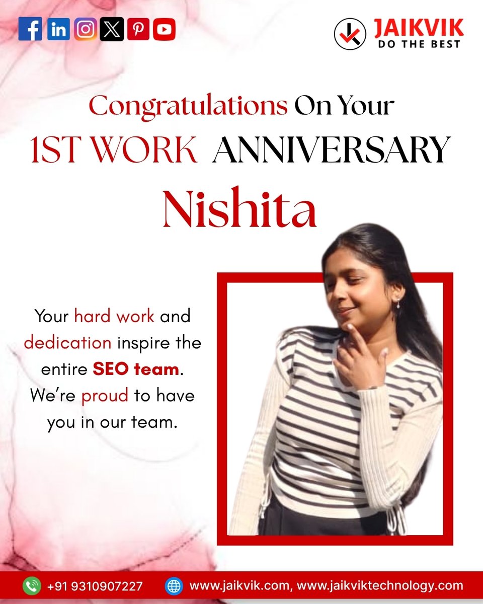 jaikvik's tweet photo. Celebrating 1 year of dedication and growth! 🎉
Your hard work continues to inspire the entire SEO team.
Proud to have you on our team, Nishita
.
.Call : +91 931 090 7227
Email: info@jaikviktechnology.com
Visit: https://t.co/BI9OCtLzfp
.
#JaikvikTechnology #WorkAnniversary https://t.co/ZqzQ6khGUs