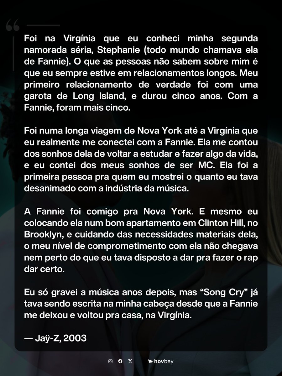 O clássico "Song Cry" de Jaÿ-Z é inspirada em um relacionamento real do rapper, sabia?

A ideia da música já tava na cabeça desde o dia que Fannie, uma namorada por cinco anos, foi embora.

"Foi na Virgínia que eu conheci minha segunda namorada séria, Stephanie (todo mundo