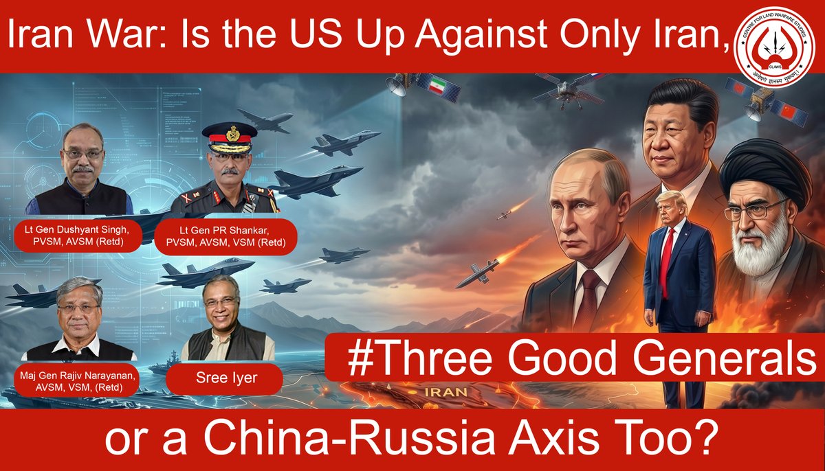OfficialCLAWSIN's tweet photo. Iran War: Is the US Up Against Only Iran, or a China-Russia Axis Too? • #ThreeGoodGenerals
Date: 16-04-2026
Link: https://t.co/5xj5OyaSnN
Time: 08:00 pm
Is the US really fighting only Iran, or is it facing a wider strategic challenge involving China and Russia as well?
In this episode of #ThreeGoodGenerals, hosted by @SreeIyer1
Lt Gen PR Shankar, PVSM, AVSM, VSM (Retd) @palepurshankar
Lt Gen Dushyant Singh, PVSM, AVSM (Retd) @dushy40098
Maj Gen Rajiv Narayanan, AVSM, VSM (Retd) @KlRajiv
examine whether Beijing and Moscow are merely backing Tehran diplomatically, or shaping the battlefield, the oil market, and the larger balance of power behind the scenes. With the U.S. tightening sanctions on Iran-linked oil flows, Russia pushing nuclear proposals, and China remaining central to Iran’s energy lifeline, the geopolitical stakes are far bigger than a bilateral war.
#Geopolitics #GlobalPower #WorldAffairs #InternationalRelations #StrategicAnalysis #GlobalConflict #PowerPolitics #BreakingAnalysis #DeepDive #Explained #GlobalShift #NewWorldOrder #BigPicture #GeopoliticalTensions #ProxyWar #EnergyPolitics #OilMarkets #Sanctions #GlobalSecurity #DefenseAnalysis #MilitaryStrategy