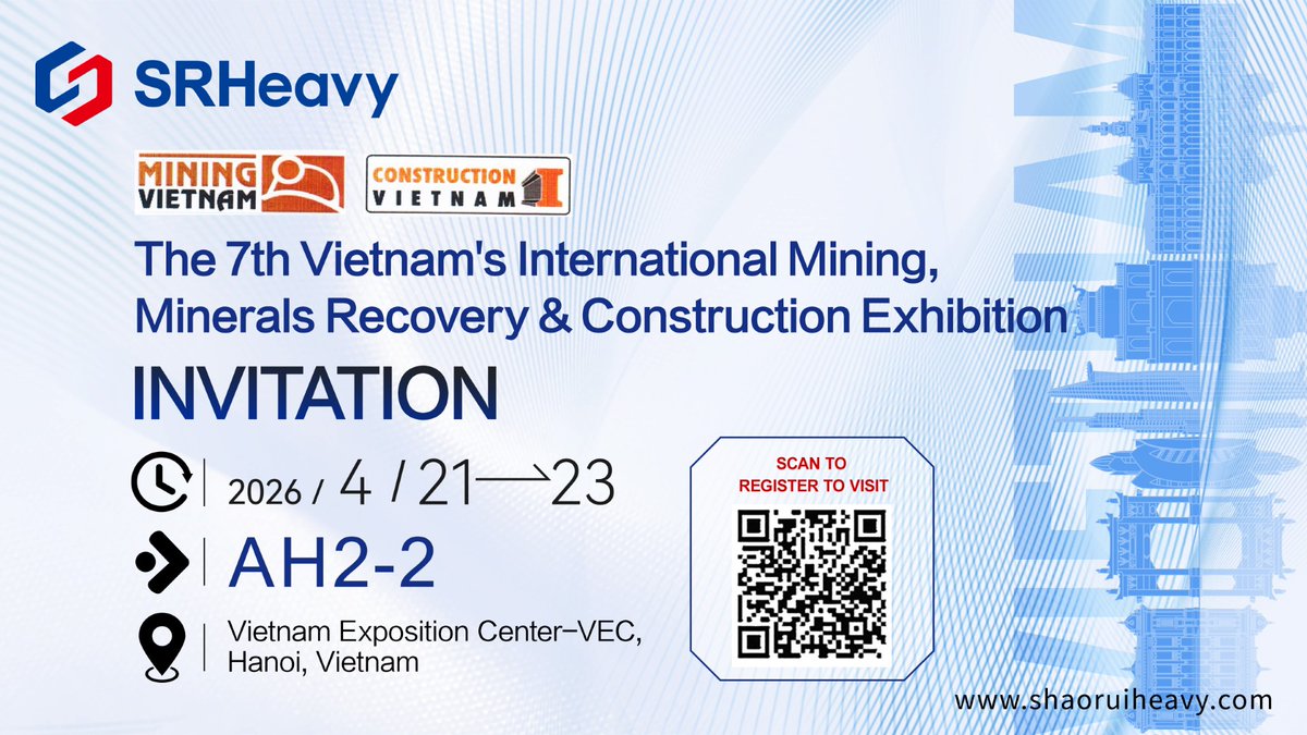 ShaoruiHeavy's tweet photo. Join Us at the 7th Vietnam's International Mining, Minerals Recovery &amp; Construction Exhibition!

SRHeavy is excited to invite you to this must-attend industry event! ✨

#Mining #Construction #VietnamExpo #SRHeavy https://t.co/4UV0A1aynG