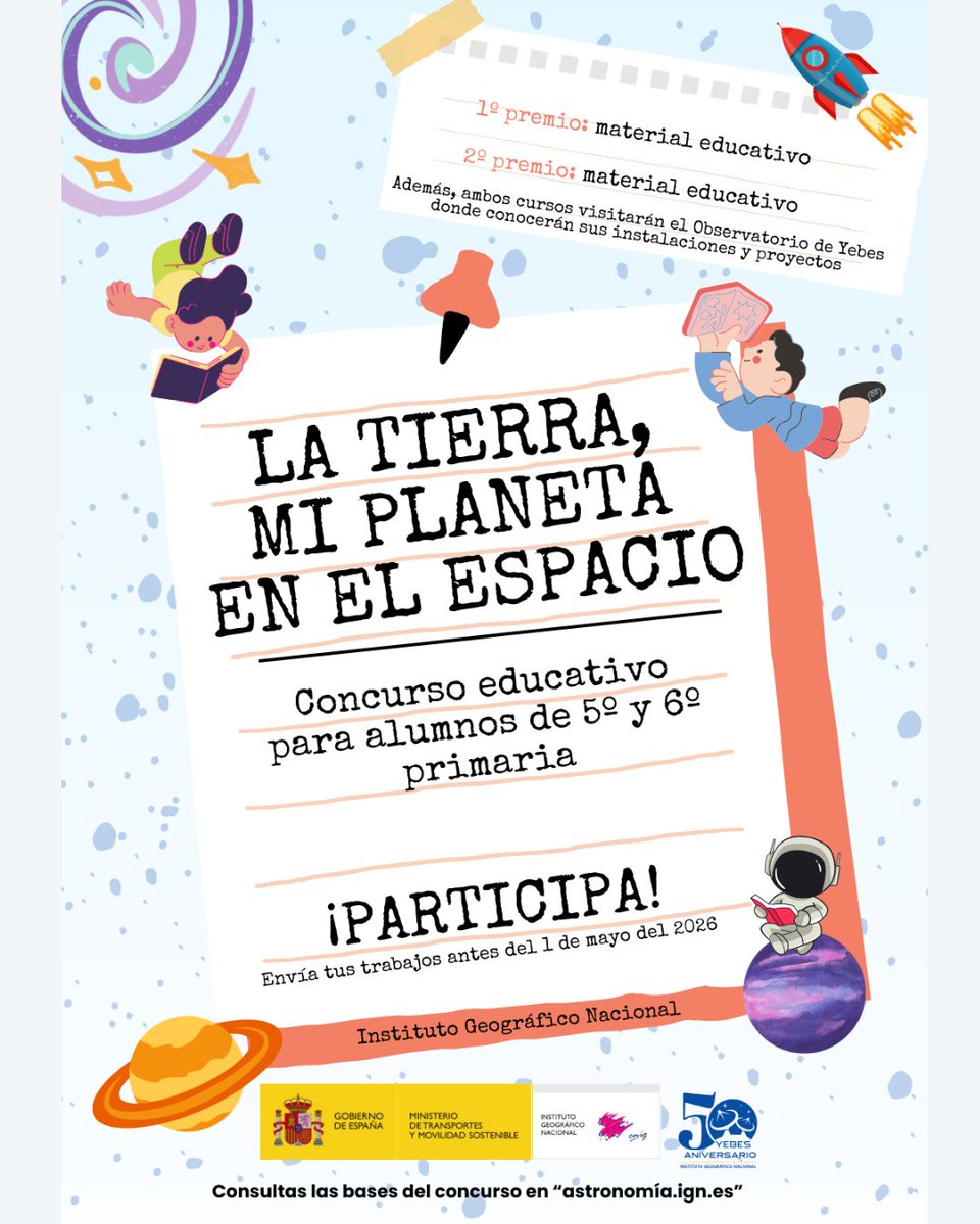 IGNSpain's tweet image. 🌍✨ ¿Conoces ya nuestro concurso “La Tierra, mi planeta en el espacio”?

Un #concurso educativo para que los jóvenes imaginen el #universo y descubran la #ciencia del Observatorio de Yebes 

📌 ¿Cómo participar?

💠Enviando un trabajo en alguno de estos formatos:
     🎨