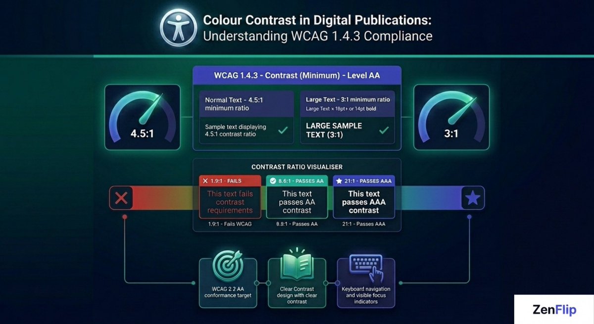 ZenFlipbook's tweet image. Colour Contrast in Digital Publications: 

WCAG 1.4.3 gives digital publishers two contrast ratio thresholds:

Normal text — 4.5:1 minimum
Large text (18pt+ or 14pt bold) — 3:1 minimum

Full blog in the comments. 👇
#WCAGCompliance #ColourContrast #DigitalPublishing
