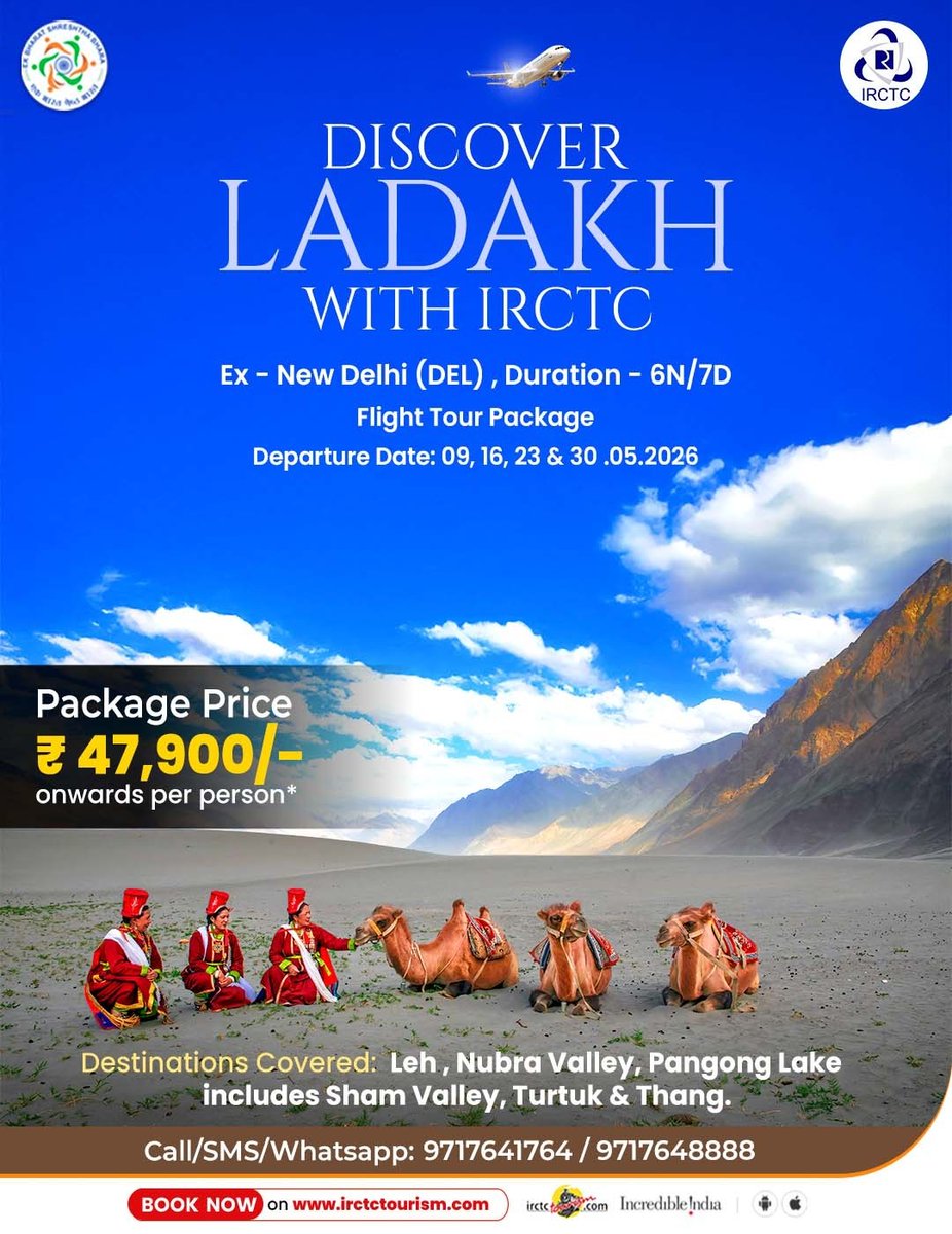 IRCTCofficial's tweet image. Experience the beauty of Leh Ladakh-The Land of Mystic Lamas with an exciting holiday package from IRCTC Tourism. This all-inclusive 6N/7D journey takes you through Leh, Sham Valley, Nubra Valley, Turtuk and more. 

Packages start from just ₹47,900/- per person*. Don’t wait—plan