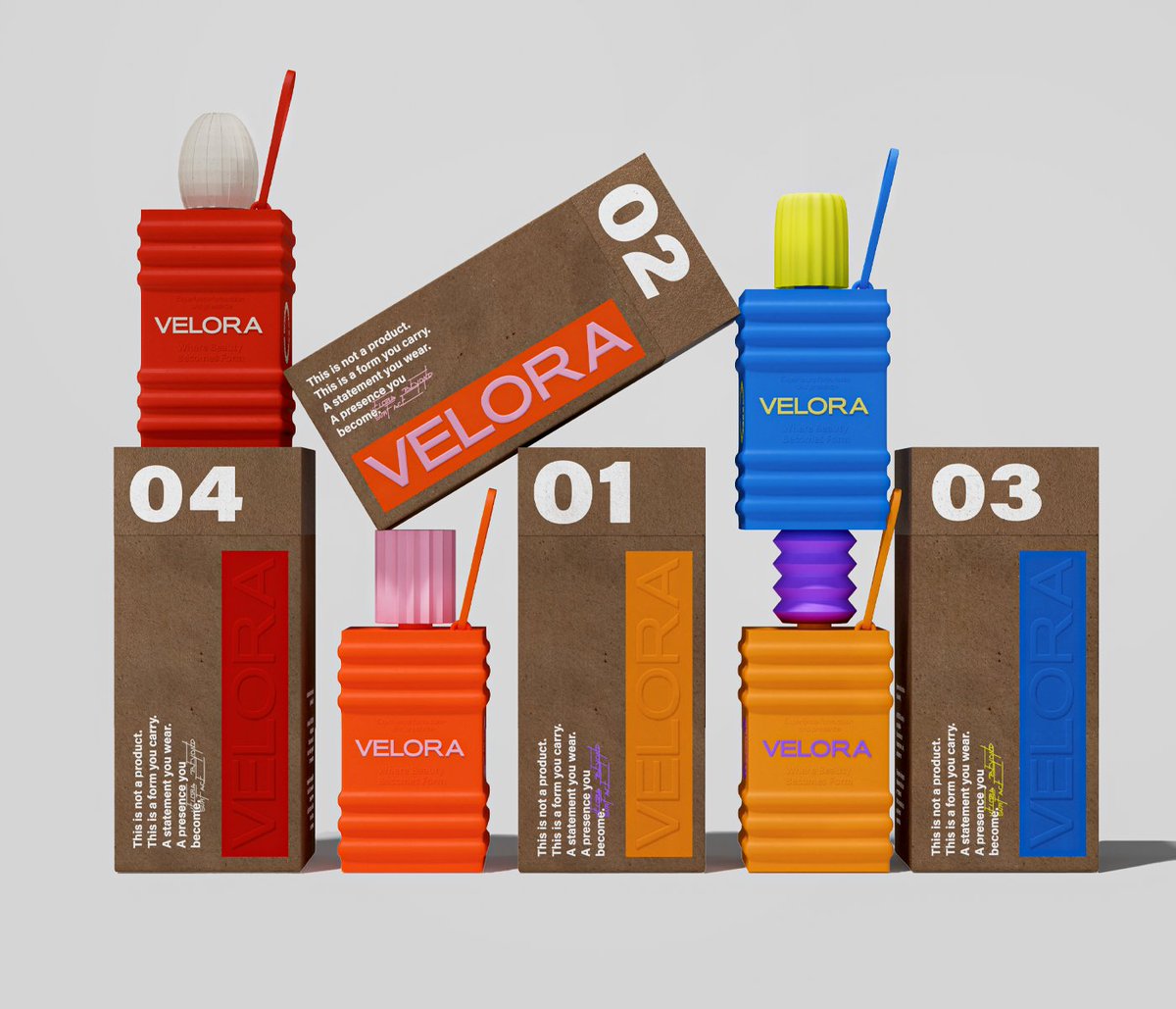 packagings's tweet image. "This is not a product. This is a form you carry." The text on the box says it all. Velora rejects conventional #beautypackaging language entirely, trading softness and minimalism for bold sculptural form, rhythmic surface texture, and high-contrast saturated colour. 
by Dorgam