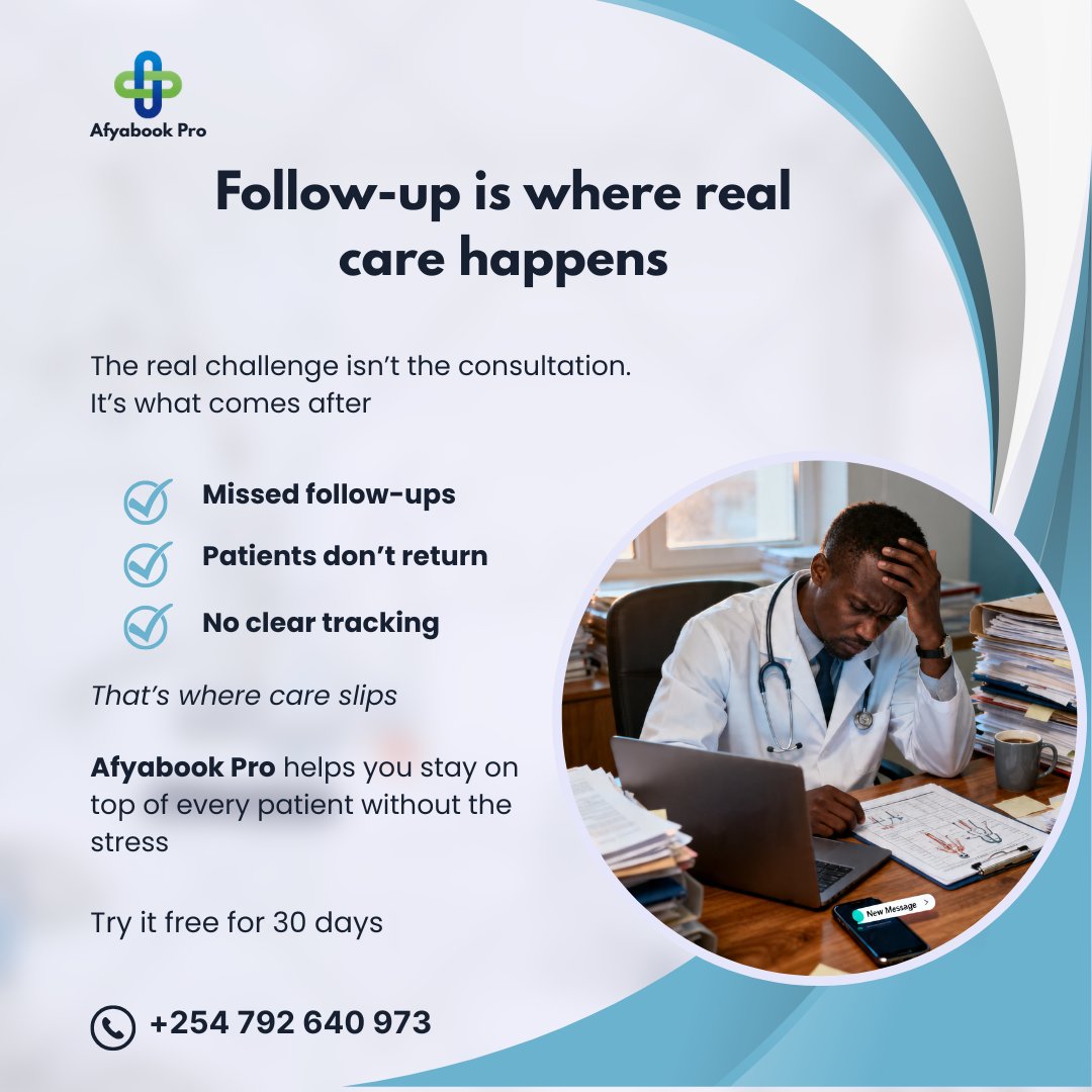 patameds's tweet image. Missed follow-ups. Lost patients. Gaps in care.

Afyabook Pro helps you stay on track without the stress.

Try it free for 30 days.
Book a demo: +254 792 640 973

#PatientCare #FollowUps #ClinicManagement #DigitalHealth #AfyabookPro