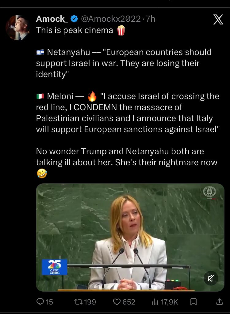 davideravera's tweet image. 🧚‍♀️❌#FakeNews #Italia #Israele | Questo account indiano fu decisivo nello spingere la bufala dello “sconto sul prezzo del gas algerino alla Spagna”. Qua riprende un passaggio di Meloni all’ONU del settembre 2025, manipolandolo in maniera piuttosto sostanziale. 

Nel video