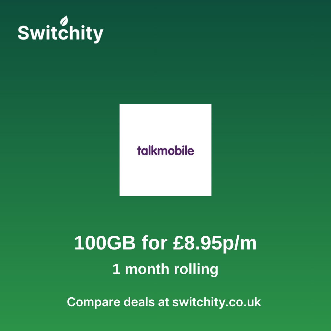 SwitchityUK's tweet image. 100GB on TalkMobile for just £8.95/month — no annual contract, cancel anytime. 📱 That's serious data for serious savings.
switchity.co.uk/sim-only-deals/ #SIMOnly #TalkMobile #SmartSavings