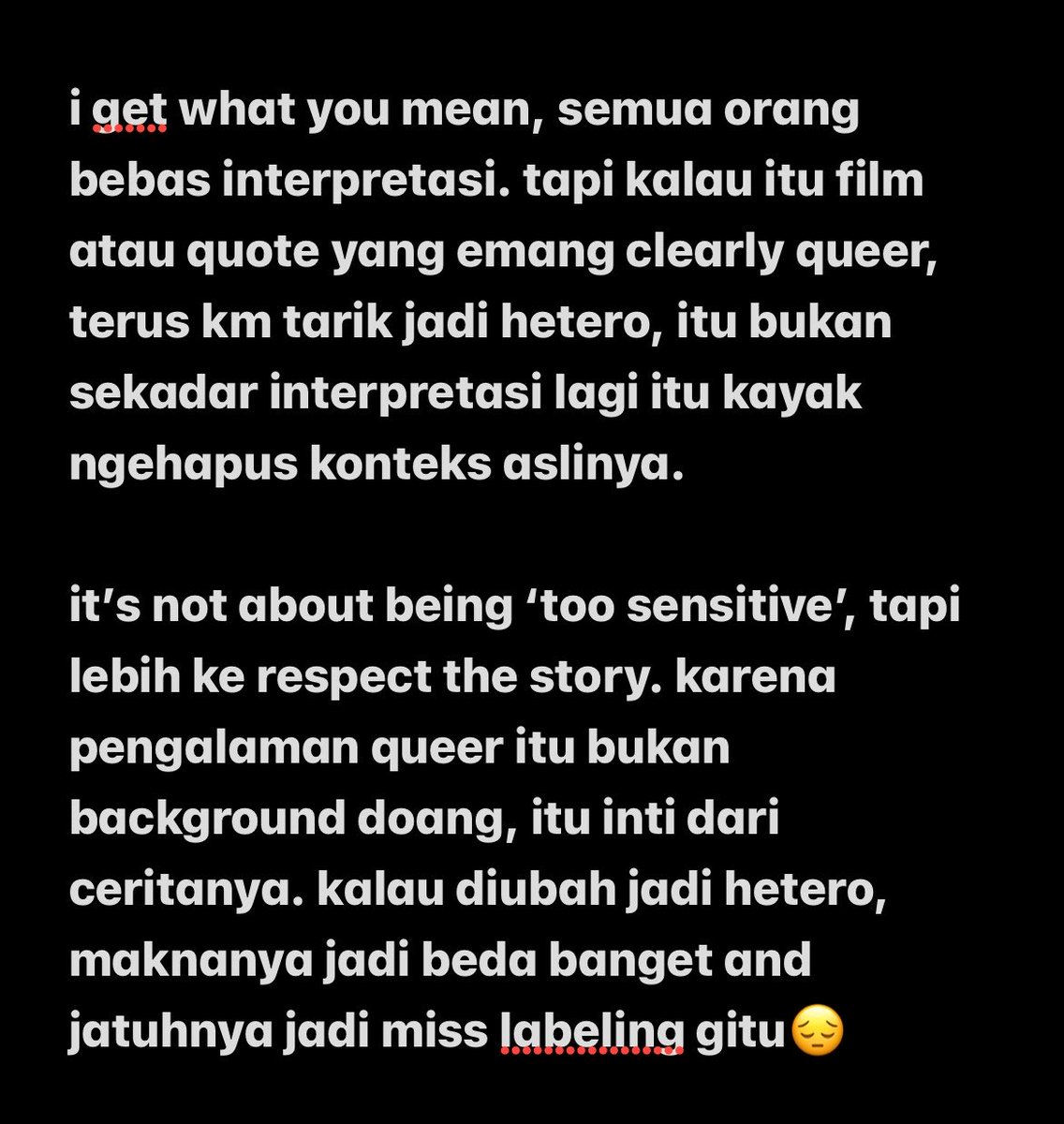 TADI ADA KAKAK KAKAK YG REPLYY DENGAN OPININYA “Namanya film dan quotes bebas interpretasi” YA GPAPAA JG SIH KAN, cm imo