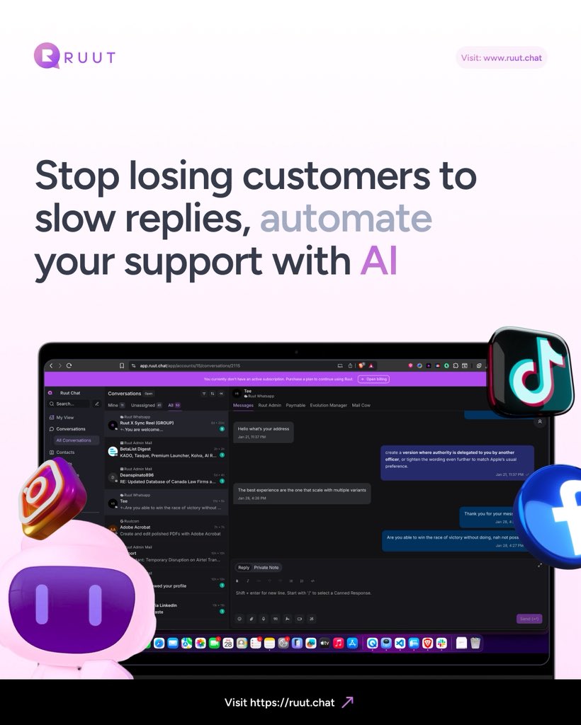RuutChat's tweet photo. Stop losing customers to slow replies and missed moments.

Every unanswered message is a decision already made just not in your favor.

Meet Sage by Ruut.
Your AI assistant that never sleeps, never forgets, and always shows up. https://t.co/no2LJY5TuT