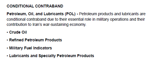 supbrow's tweet photo. Called it.

@CENTCOM @US5thFleet #NCAGS just published the Contraband List.

"In addition to enforcing the blockade, all Iranian vessels, vessels with active OFAC sanctions, and vessels suspected of carrying contraband, are subject to belligerent right to visit and search. These vessels, regardless of location, are subject to visit, board, search, and seizure."

Watch out ships Dark Feet ships in the waters of Southeast Asia and especially, the Malaysian EOPL

See the @UANI #GhostArmada list of +570 ships that have supported Iran oil exports.

They are now potentially subject to interdiction and seizure under the Laws of Naval Warfare (see tweet below).  

Neutral States should also watch out to ensure they are acting neutrally.

@JemimaShelley @mercoglianos @cdrsalamander 
@MarcusHand1 @tldraanan @ChongJaIan @graham_euan @CollinSLKoh @TankerTrackers @HunterStires @alessionaval