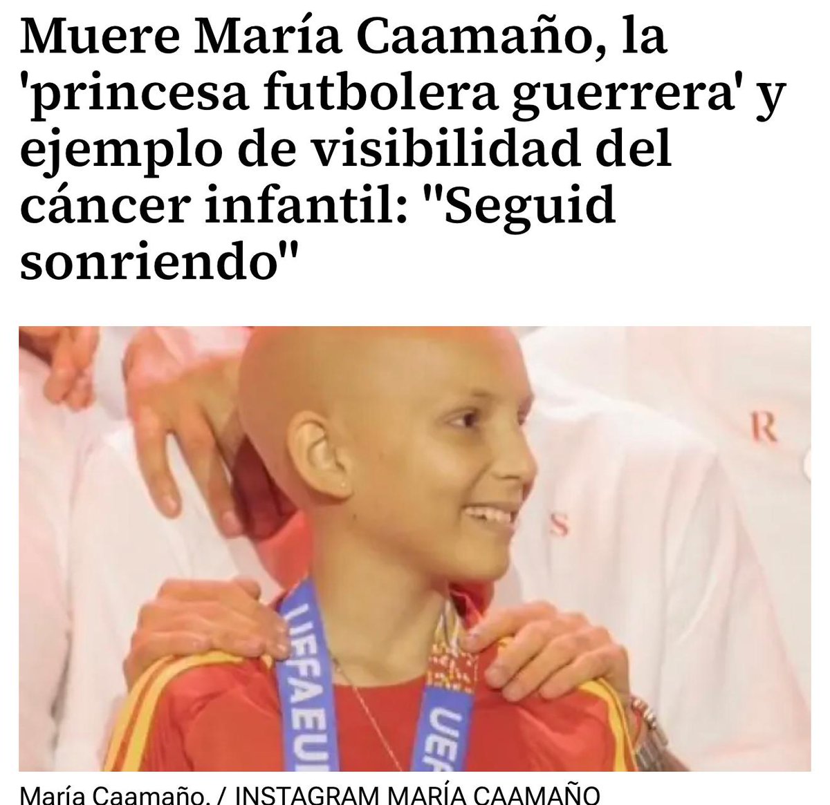 Asafusa's tweet photo. Fallece María Caamaño Múñez, un ejemplo de visibilidad y lucha contra el cáncer infantil.

A pesar de su corta edad, ha sido un ejemplo de fortaleza y alguien muy cercano a todos nosotros, además de una gran apasionada del deporte.

Descanse en Paz nuestra futbolera guerrera. https://t.co/evb8WlSdEc