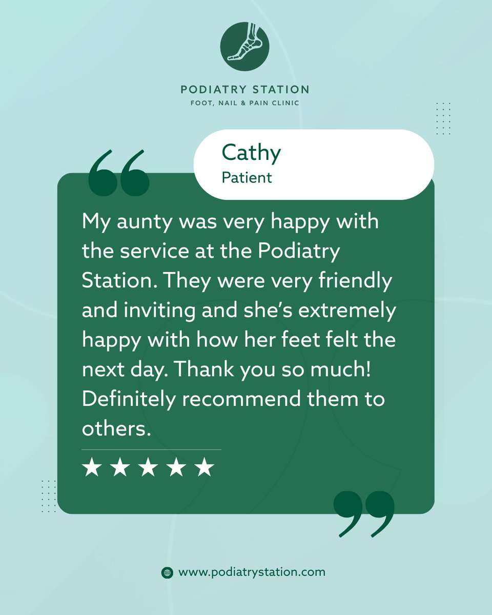 PodiatryStation's tweet image. “Extremely happy with how her feet felt the next day!” ⭐️⭐️⭐️⭐️⭐️ 

Thank you, Cathy, for the lovely feedback about your aunty’s visit. 

We pride ourselves on friendly, inviting, and effective care for all ages.

🌐 podiatrystation.com

#Testimonial #Podiatry