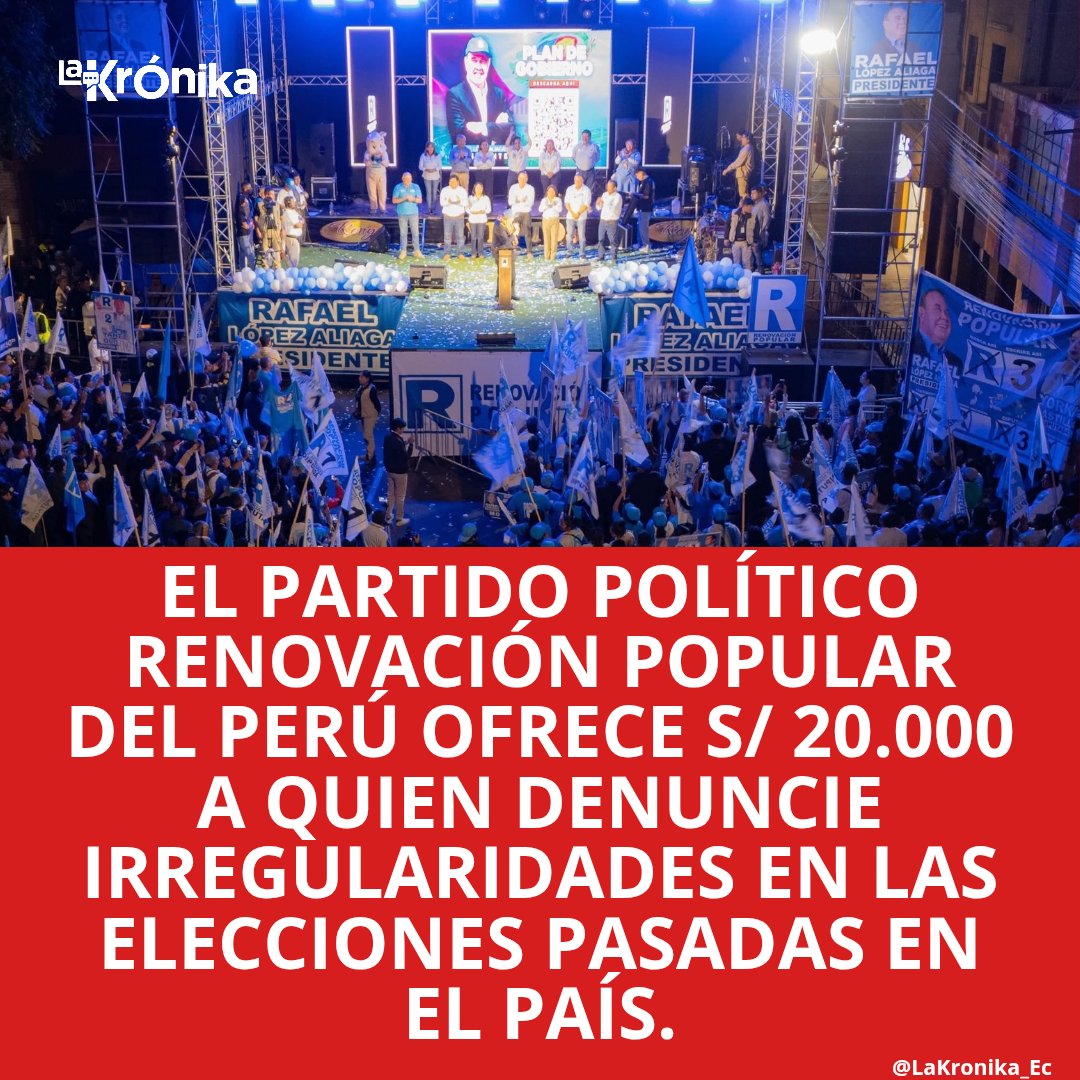 🚨 Renovación Popular ofrece S/ 20.000 de recompensa a quien entregue información veraz sobre irregularidades, fraude o sabotaje en las elecciones.
Correo: sabotaje@renovacionpopular.com
Confidencialidad y protección garantizada.
#EleccionesPeru2026 #RenovacionPopular