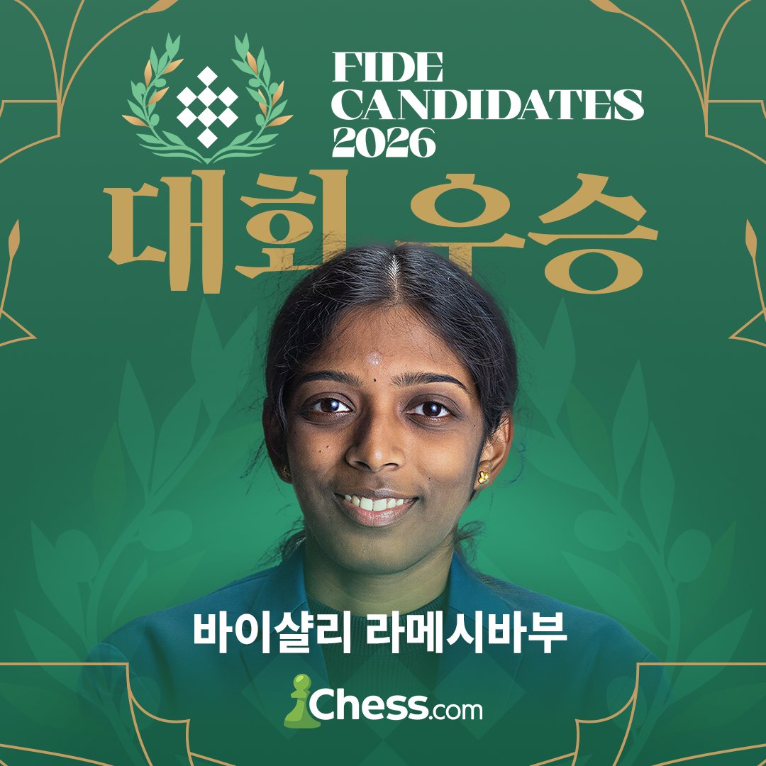 chesscom_kr's tweet photo. 인도의 체스 그랜드마스터 바시얄리 라메시바부가 마지막 라운드에서 승리하며 2026 FIDE 여성 도전자 결정전에서 우승을 차지했습니다.🎉 바이샬리는 여성 월드 챔피언십에서 세계 챔피언 주 원쥔에게 도전하게 됩니다👑 https://t.co/aVpFqOtpxn