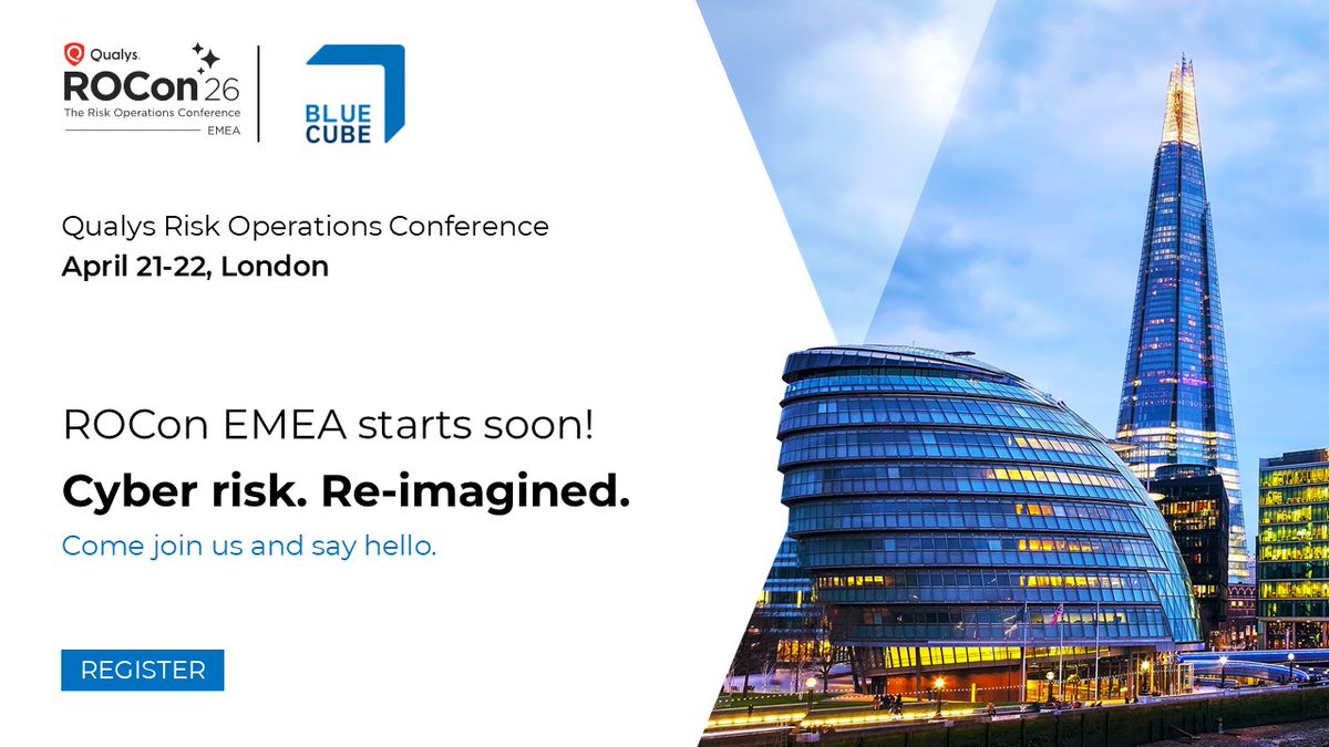 BlueCubeSecure's tweet photo. Only a few days left to register for @qualys ROCon26 EMEA!  Join leaders in London on 21st–22nd April to explore how cyber risk becomes measurable business impact. We’ll be there, come meet us at our stand!. #ROCon26. Register 👉 https://t.co/3UV9UvFGbW https://t.co/B0dKA8arbf