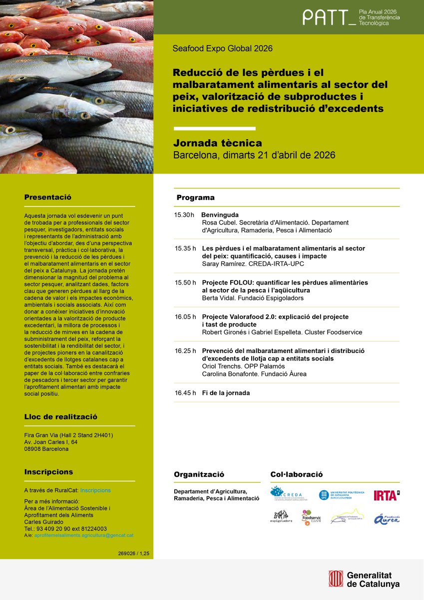CREDA_UPC_IRTA's tweet image. 📅Reserva la data!

🗣️🐟El 21/04 la Saray Ramírez participa en una jornada sobre el #malbaratamentalimentari en el sector del #peix emmarcada en el @SeafoodBcn 

🕖15:30h - 16:45h

📍Hall 2 Stand 2H401 (@Fira_Barcelona)

Vols assistir? Inscriu-te a➡️ruralcat.gencat.cat/web/guest/tran…