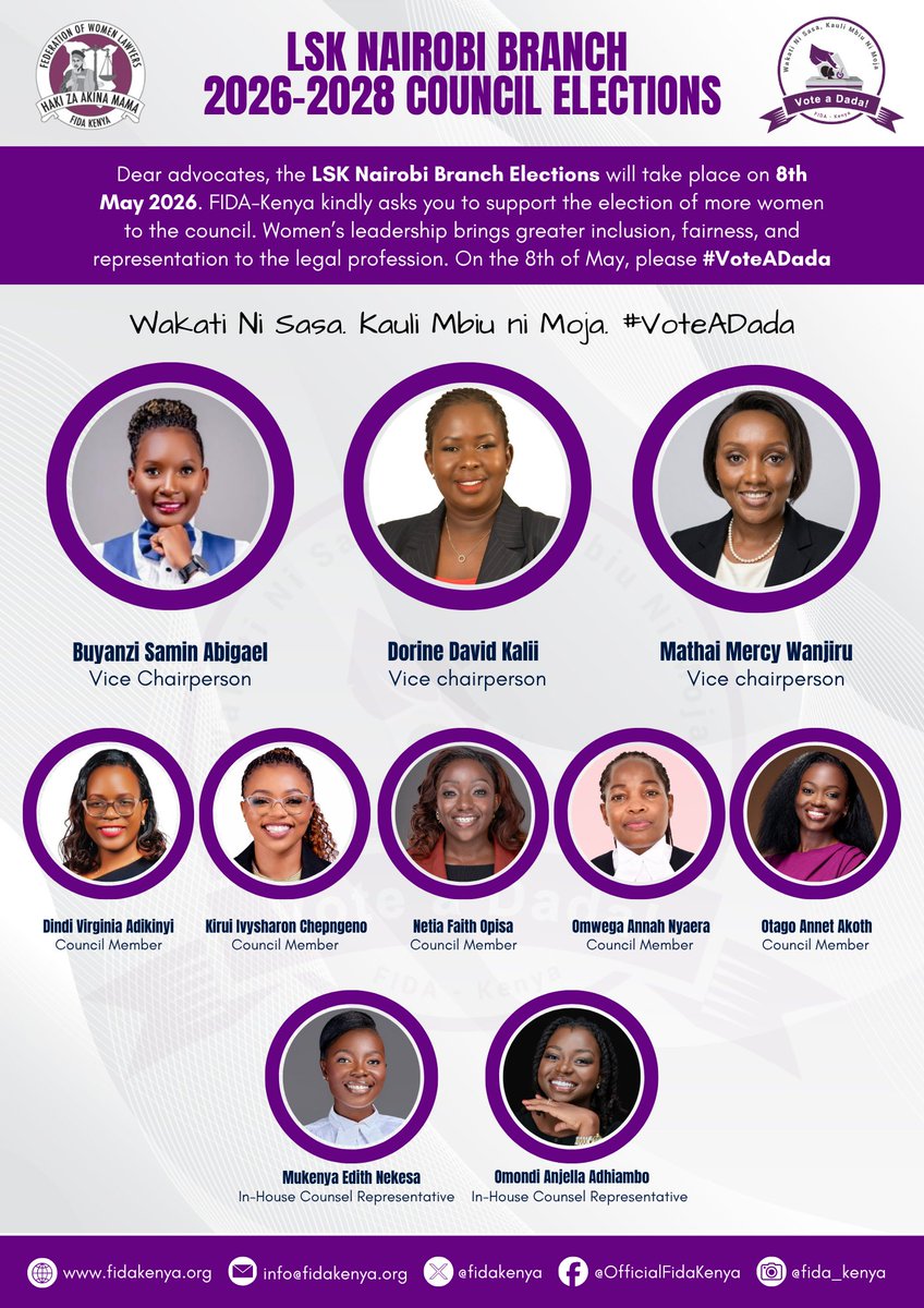 fidakenya's tweet photo. Dear advocates, the @lsk_nbi elections will take place on 8/5/26. @fidakenya kindly asks you to support the election of more women to the council. The following female advocates will be on the ballot. On the 8th of May, kindly #VoteADada https://t.co/V2zkN6wizA